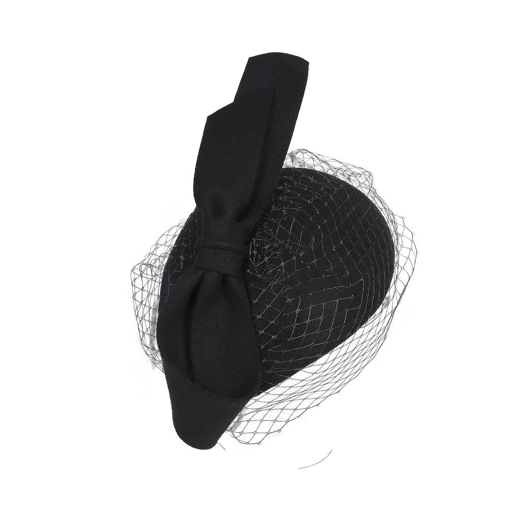 Vintage Wool Fascinator Hat with Bow, Black, 20s 50s Cocktail Party Pillbox Hat with Mesh Veil, Wedding Formal Occasion Hair Clip