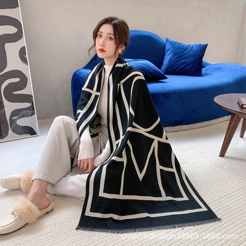 Premium Double-Sided Jacquard Houndstooth Scarf Wrap Women Winter Fall Warm Cotton Blend Shawl 185x70cm