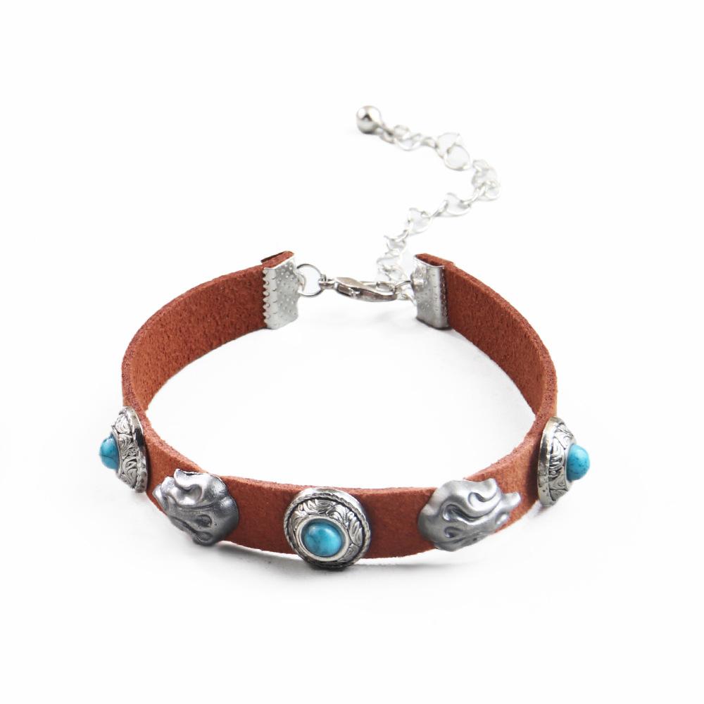 JMXD-Vintage Necklace Metal Flame Stone Velvet Turquoise Necklace, Bohemian Necklace