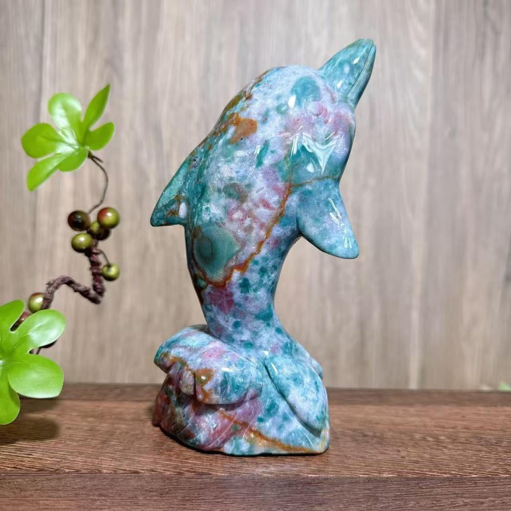 Natural HandCarved Colourful Ocean Jasper Stone Dolphin Carvings Animals Crafts Home Scene Decor  Birthday Gifts