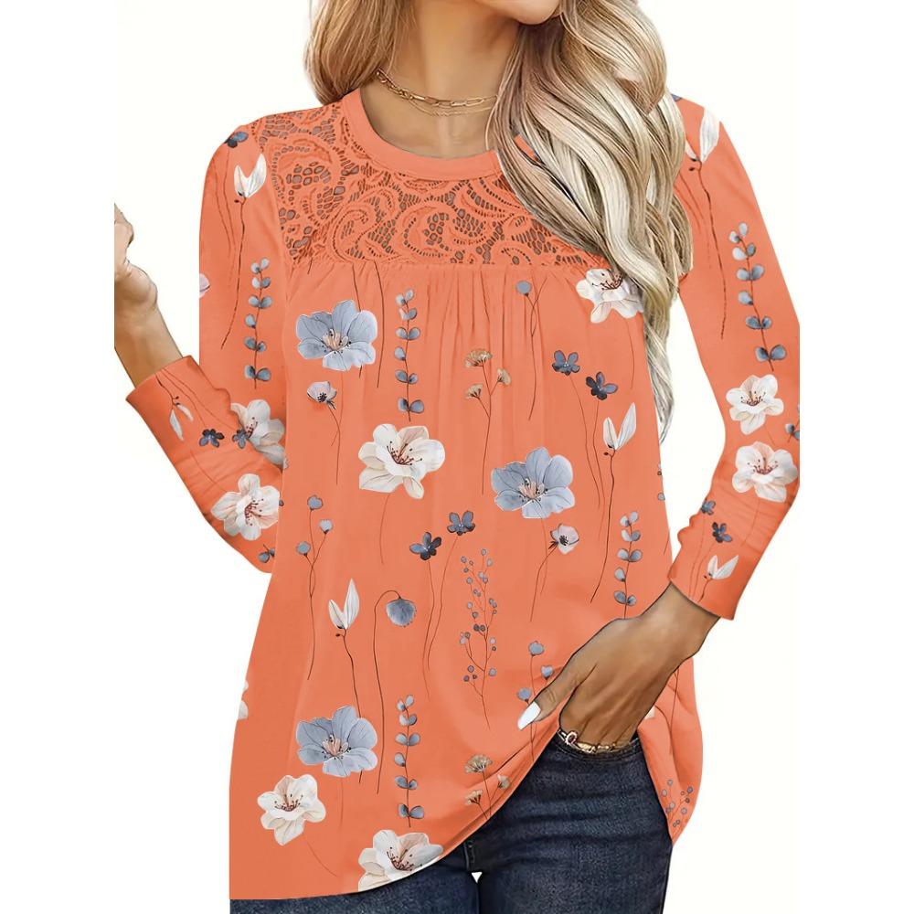 

Женская мода Топы воротник длинный рукав Цветочная футболка XXL оранжевый