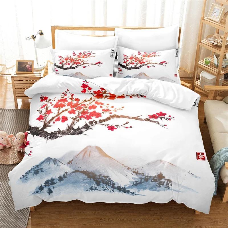 3D Oriental Ink Wash Painting Bedding Set, Bamboo Painting Print Duvet Cover with Pillowcases for Adults Teens