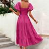 Women's Color Square Neck Backless Short Puff Sleeve Pleated Dress