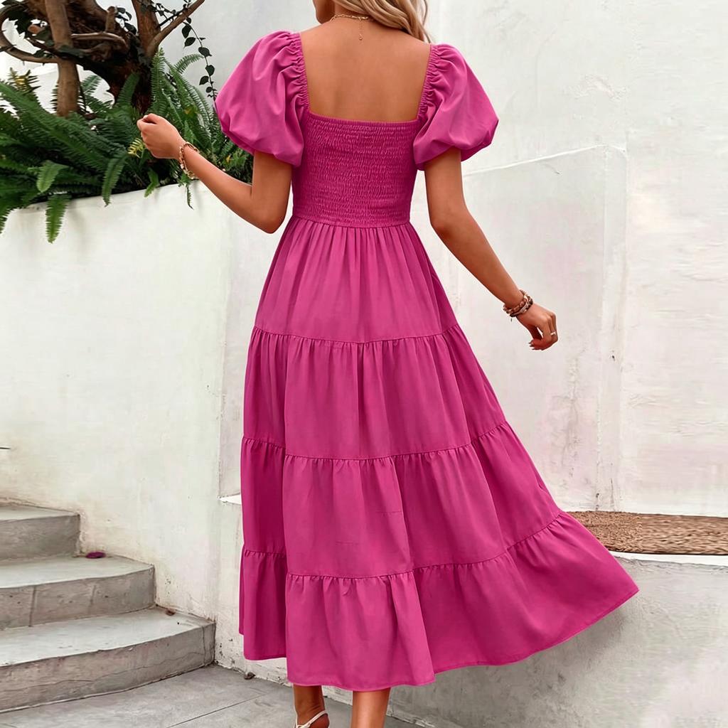 Women's Color Square Neck Backless Short Puff Sleeve Pleated Dress