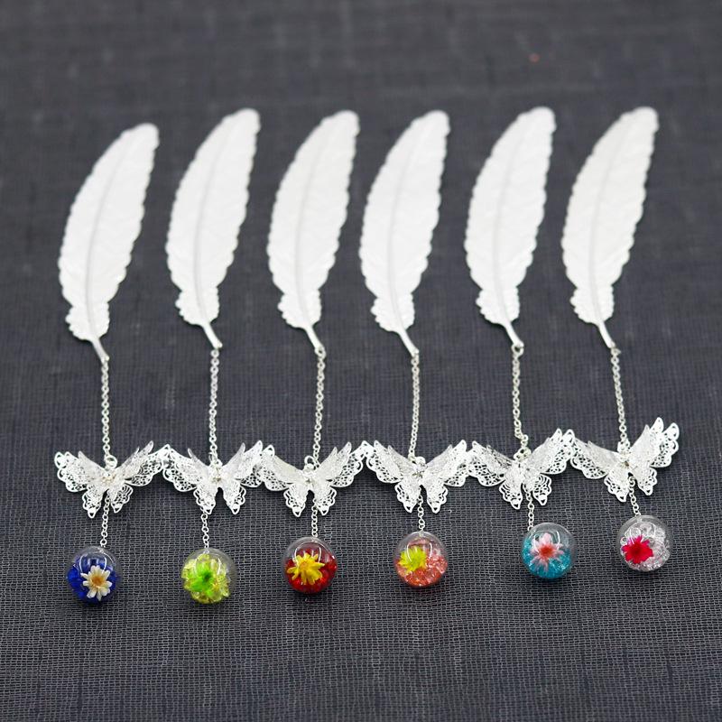 Classical Chinese Style Cicada Wing Metal Feather Bookmark with Leaf, Butterfly, and Dried Flower Accents