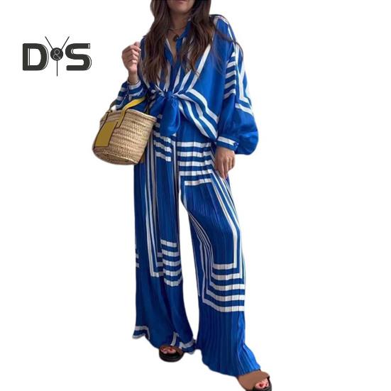 2Pcs/Set Women Stripe Print Pleated Casual Outfit Lapel Lantern Long Sleeve Lace Up Shirt High Waist Wide Leg Long Pants Set