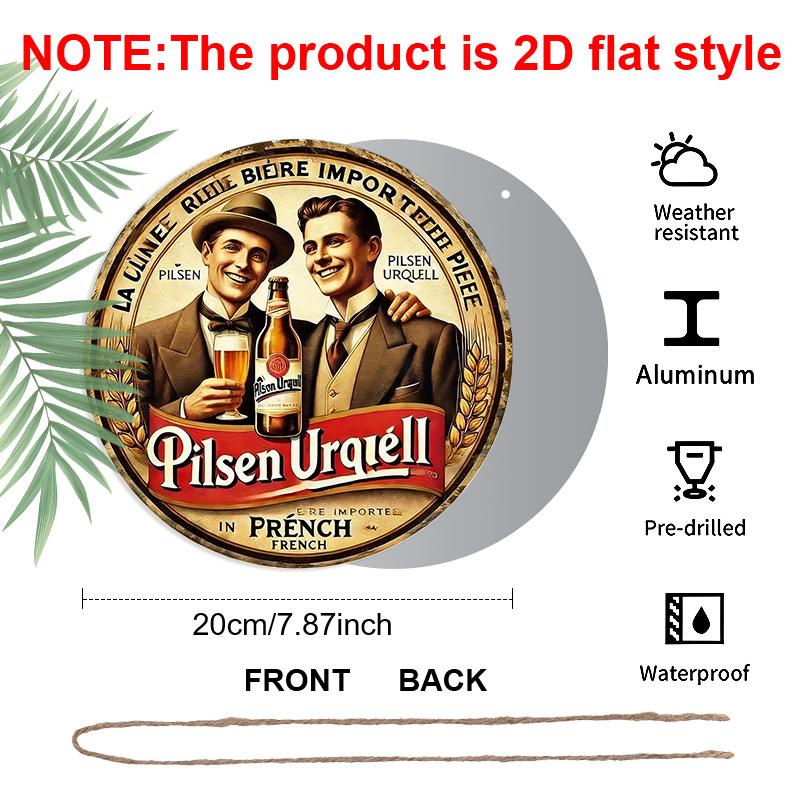 2D Flat Aluminum Retro Round Metal Sign Pilsner Urquell Beer Advertisement, Vintage Wall Art Decor with Hanging Rope, Rustic Chic Decoration for Home