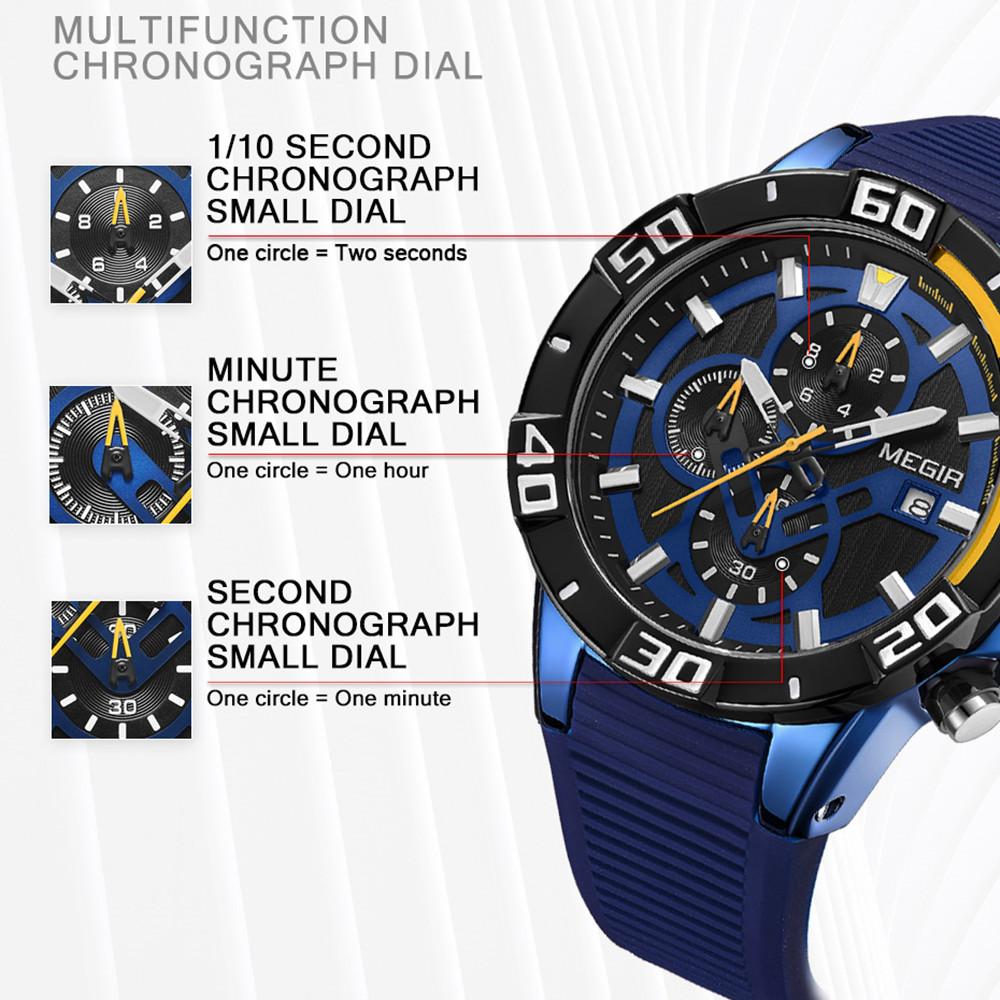 Neue MEGIR Chronograph Sportuhr Männer Großes Zifferblatt Wasserdicht Militär Quarz-armbanduhr Mann mit Silikonband Drop Shipping