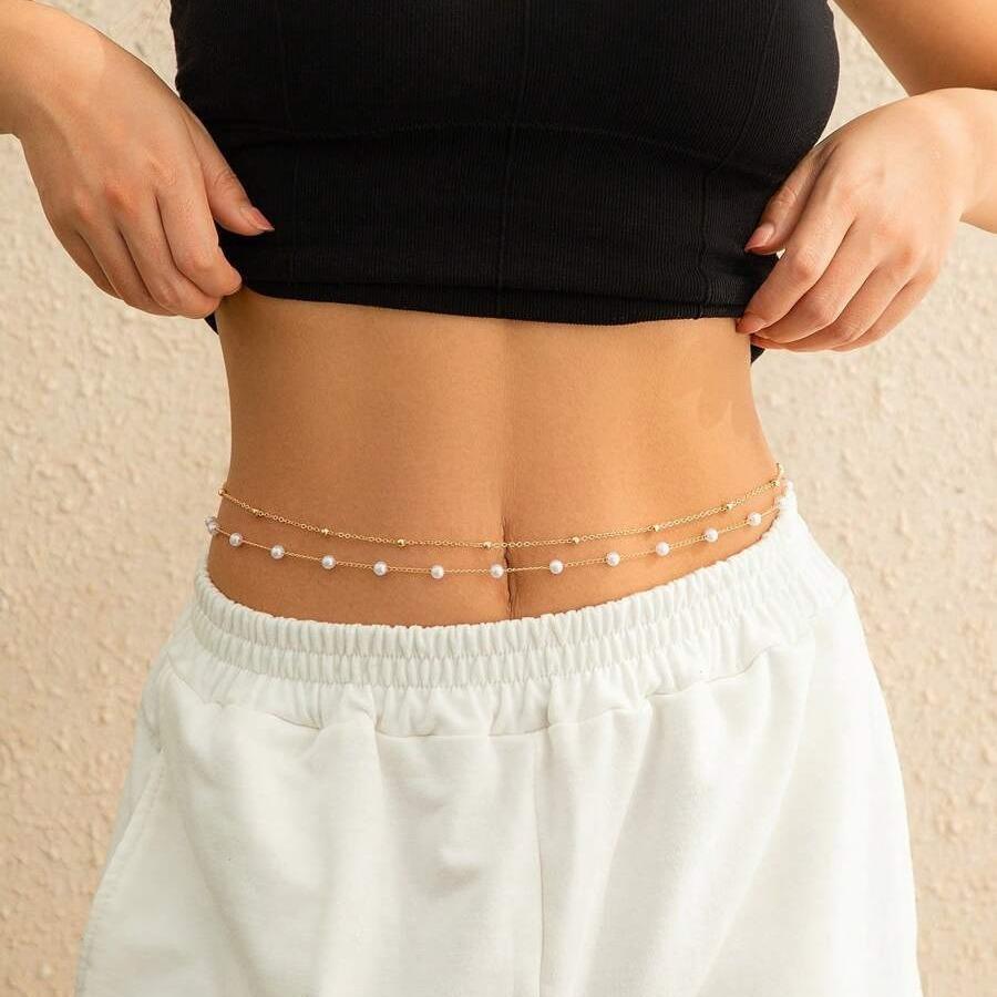 European and American Jewelry Summer Fashion Simple Double Imitation Pearl Waist Chain Popular Versatile Spice Girl Body Chain Waist Jewelry