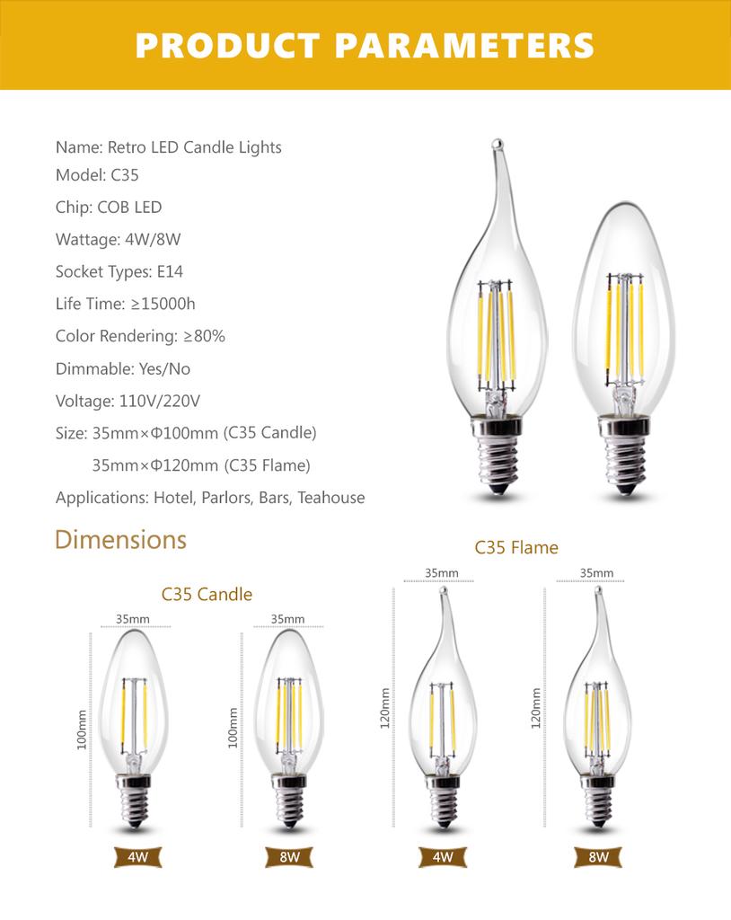 E14 4W 8W Edison Ampoule à filament C35 LED Ampoule bougie 220V Lampe de spot 1x E14 4W 8W Edison Ampoule à filament C35 LED Ampoule bougie 220V Lampe de spot 1x