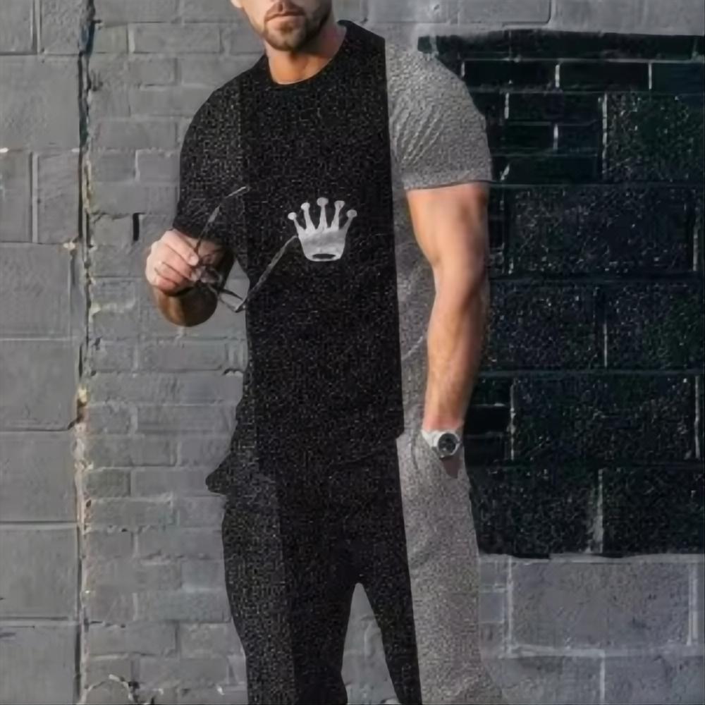 Men's Summer Fashion Sports Set Trendy 3D Printed Sports Set Casual Jogging Street Wear Short Sleeve T-shirt Long Pants 2-piece