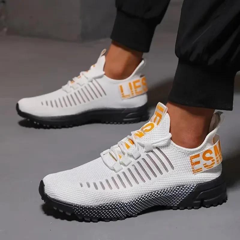 Men Knitted Running Shoes Breathable Cushioned Insoles Adjustable Shoelaces Walking Shoes Comfortable Outdoor Activity Sneakers