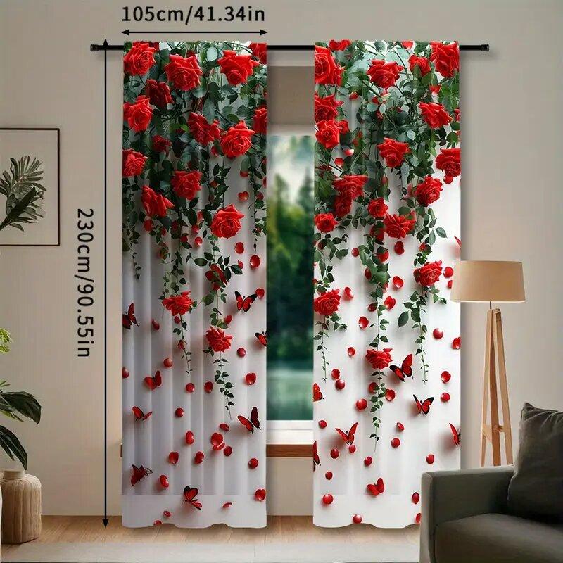 2 stk gardiner med trykk av røde roser, stanglommegardiner 42*84, soverom og stue, hjemmedekorasjon, romdekorasjon