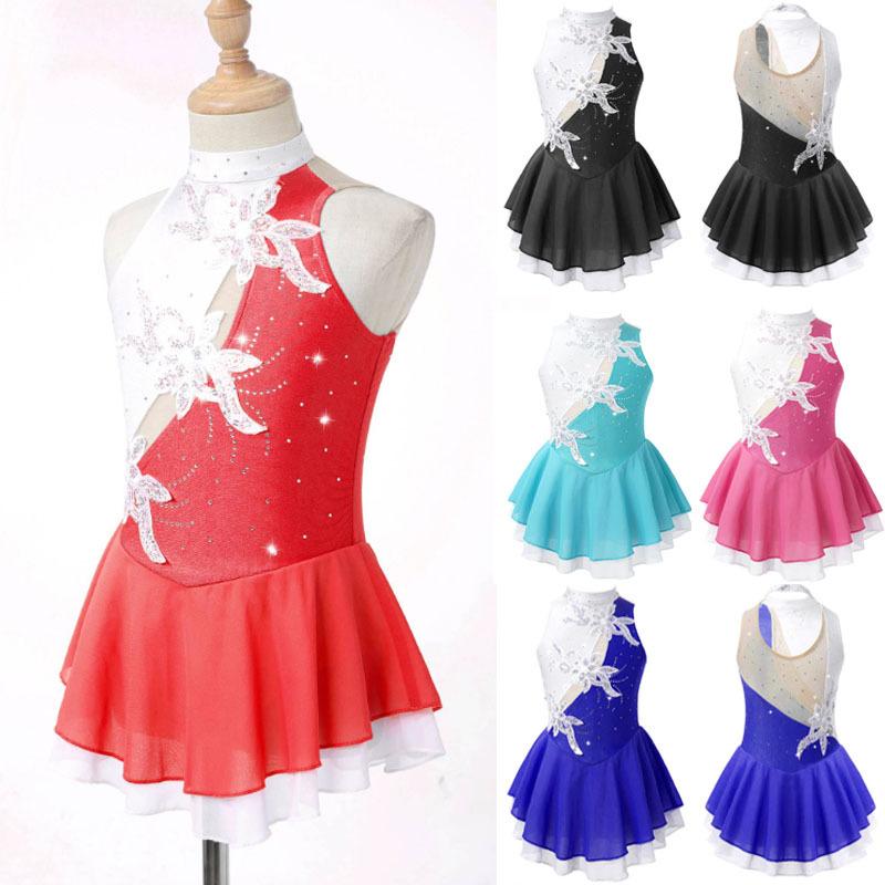 

Kids Girls Stylish Dance Dress Sleeveless Sequins Floral Decor Hollow Back Dress for Skating