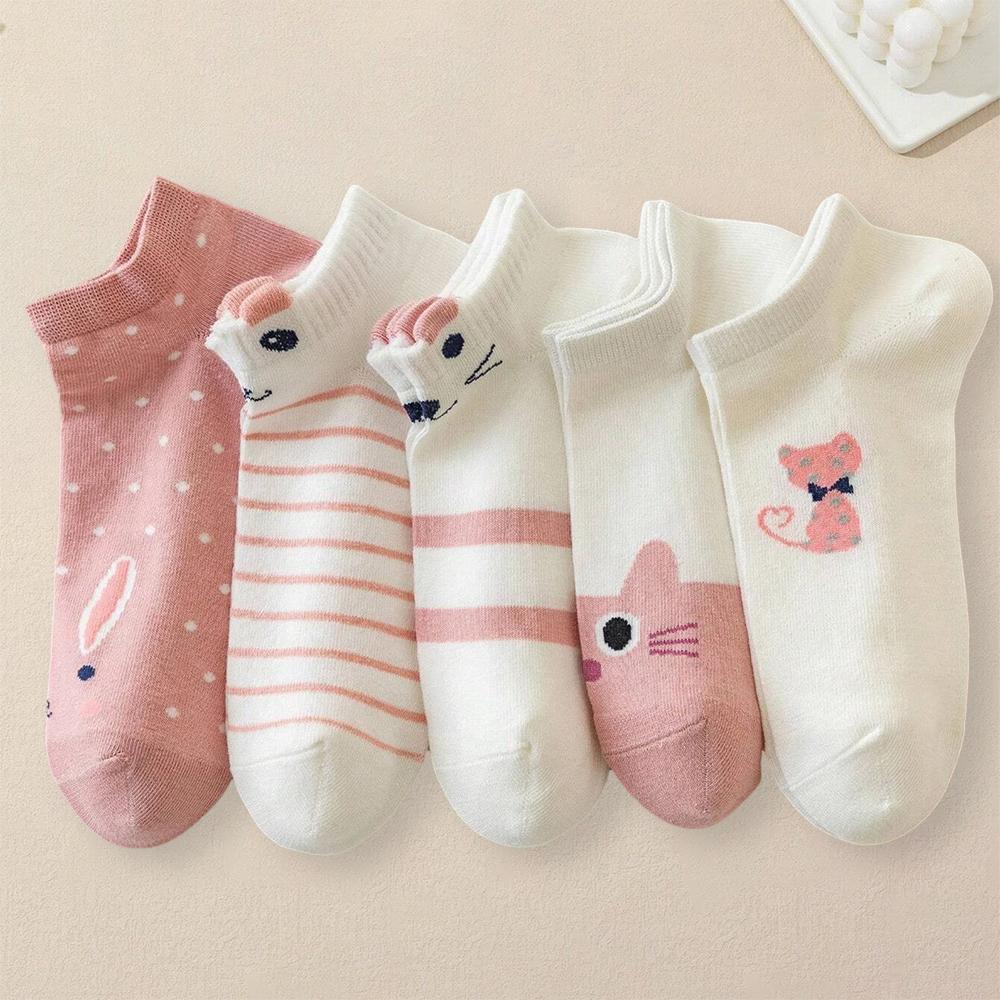 5 Pairs Women Cartoon Patterned Socks Trendy Versatile Breathable Sweat Wicking Deodorizing Antibacterial Comfortable Socks