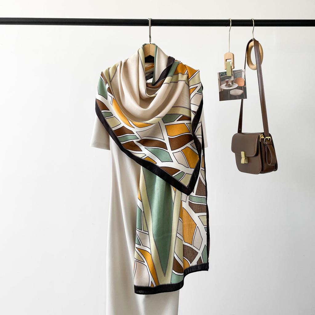 Autumn New High End Touching Word Pattern Silk Scarf for Women Lake Color Geometric Printing Imitation Silk Satin Shawl