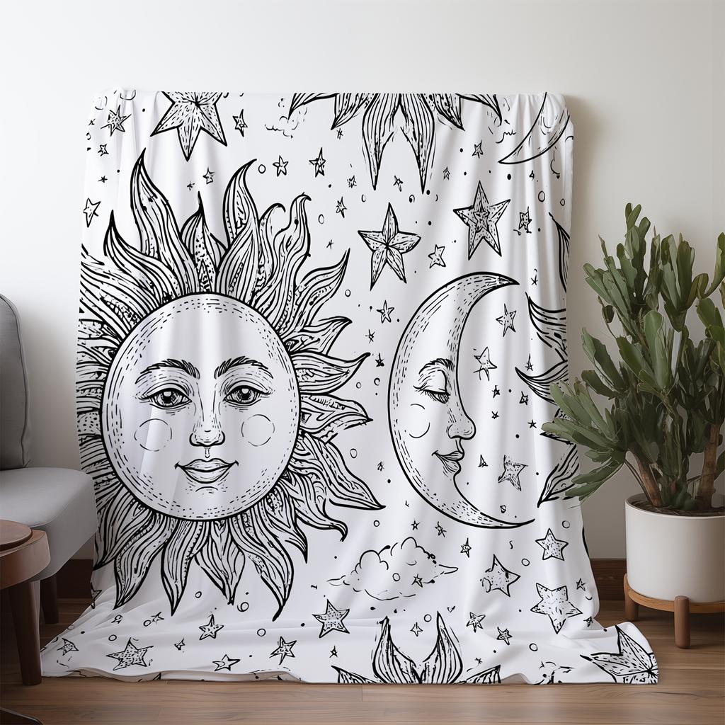 1pc Vintage Sun and Moon Star Blanket, Polyester Fabric, Machine Washable, Suitable for Bedroom Living Room Use