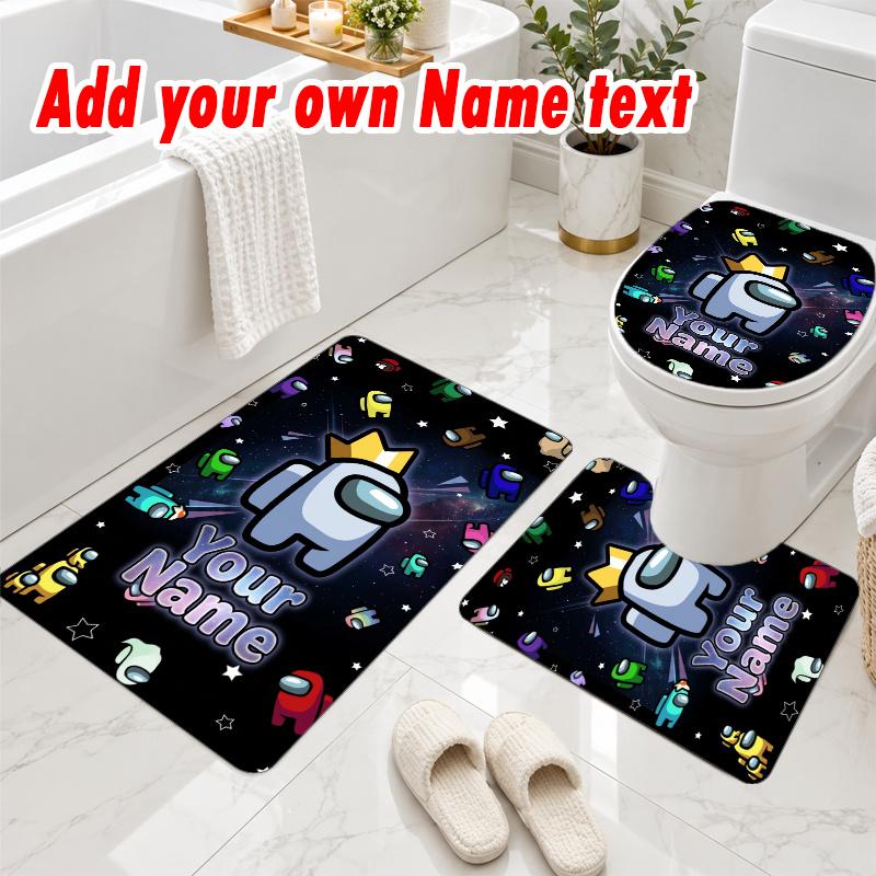 Personalized Among Us 3Pcs Flannel Toilet Mat Set Custom Text Bathroom Rug Non Slip