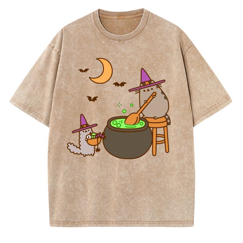 Cartoon Animal Print Women Washed Black T-Shirt Loose Crew Neck Short Sleeves Unisex Casual Cute Style Top Y2k Sweetheart