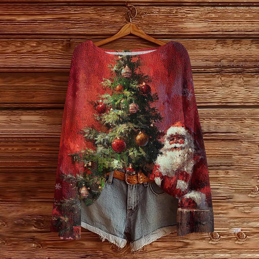 Women's Casual Fashion Round Neck Top Christmas Print Long Sleeve Knit Pullover