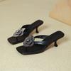 High-heeled slippers women's summer outer wear 2025 new rhinestone flower kitten and cool slippers square head pinch foot flip-flops
