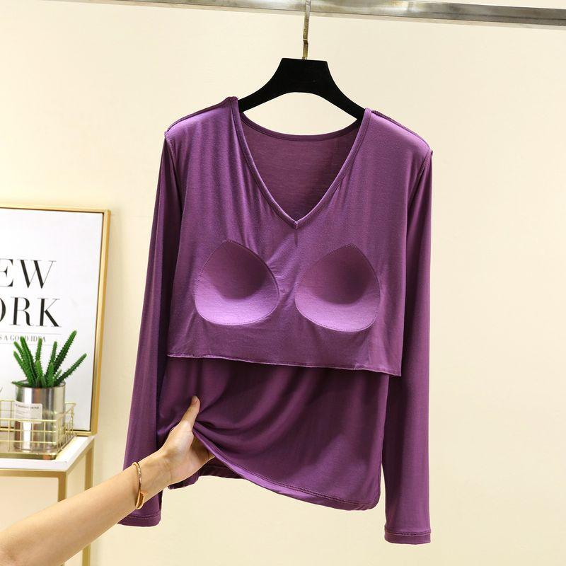 With Chest Pad Modal Long Sleeves Shirt Women Autumn Loose V-neck All-Match Casual Bottoming Shirt Thin Plus Size Top