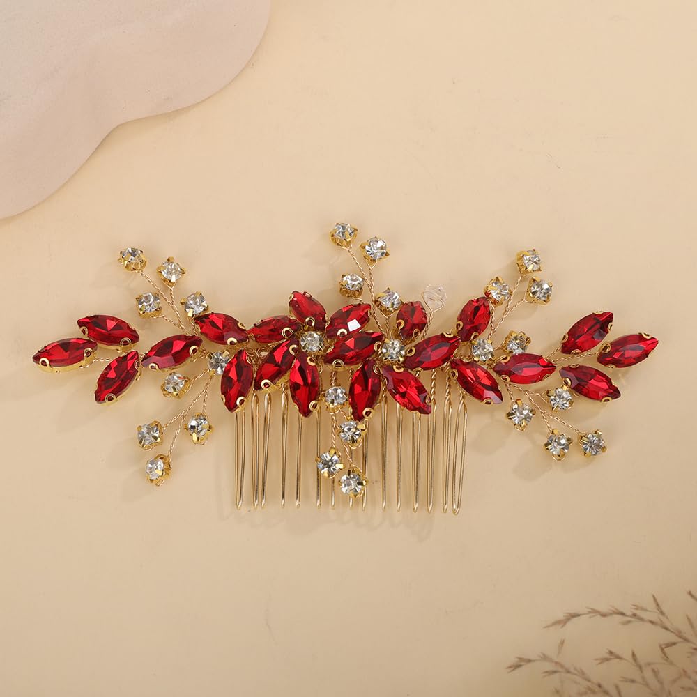 Red Rhinestones Side Headpiece for Women Handmade Hair Comb with Crystal Handmade Long Hair Accessories (Red)