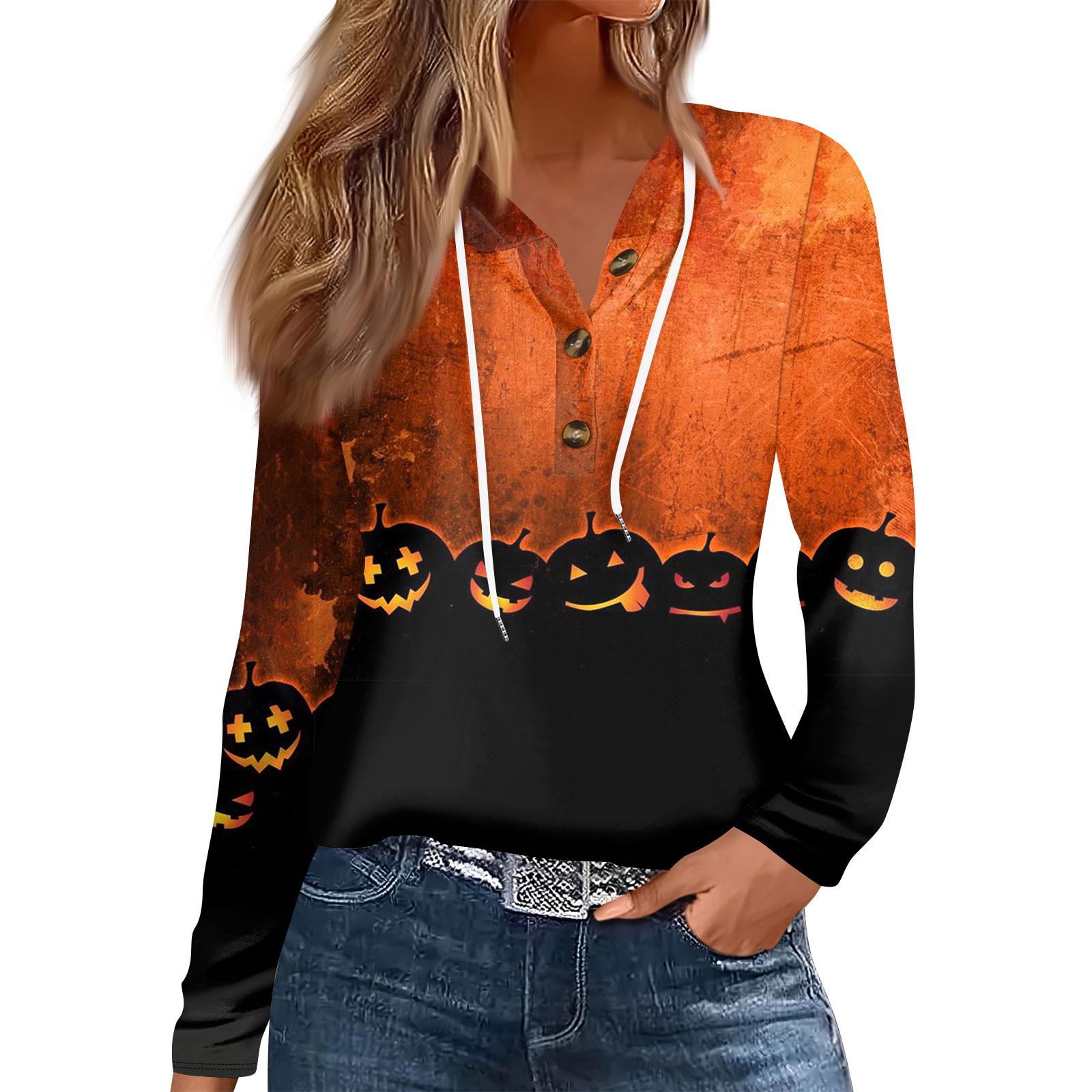 

Женская модная повседневная футболка с длинным рукавом на пуговицах с капюшоном и принтом на Хэллоуин XXXL жёлтый