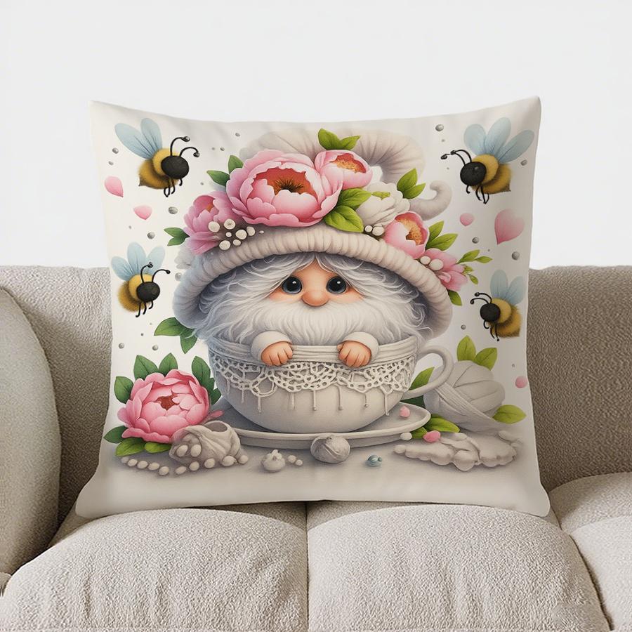 Home Decor Gnomes &amp; Flowers Swing With Heart Decor Pillow Pattern Cushion Cover Suitable For Sofa Bedroom Car Pillow Cover