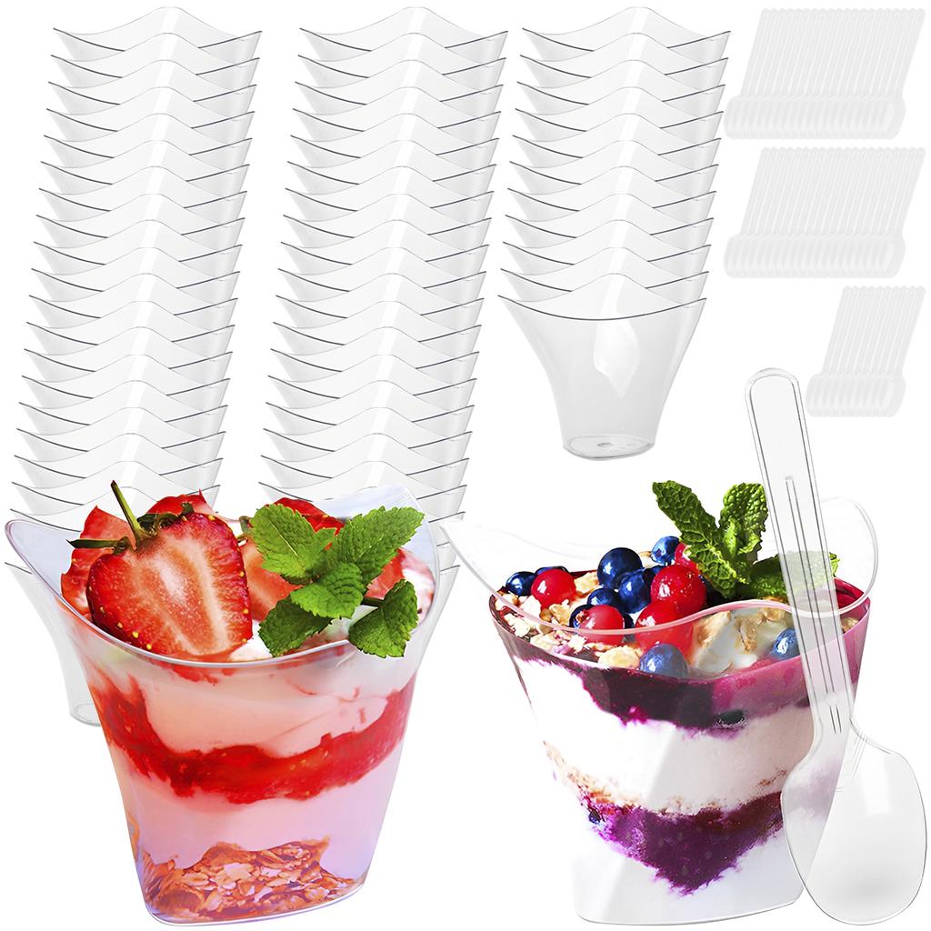 200Pcs Dessert Cups Disposable Plastic Mousse Cup 100ml Transparent Pudding Cup with Spoons Multipurpose Cheesecake Parfait Pot