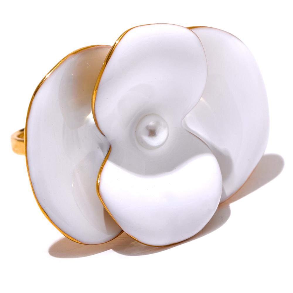 Yhpup Exquisite White Enamel Flower Fashion Chic Adjustable Ring for Women Stainless Steel Waterproof Temperament Jewelry Gift