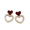 Elegant Pearl and Wine Red Hong Kong Style Dangle Earrings for Women – Retro, Fashionable, and Paired with Trendy Studs.