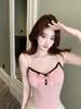 Women's Polka Dot Camisole Top with Fixed Straps, Chest Pads, Bow Knot & Lace Trim