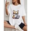 Niedliches weißes Oversize-T-Shirt mit Corgi-Hund-Print, Brille und Laptop – perfekt für Freizeit und Alltag