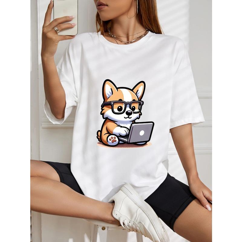 Niedliches weißes Oversize-T-Shirt mit Corgi-Hund-Print, Brille und Laptop – perfekt für Freizeit und Alltag