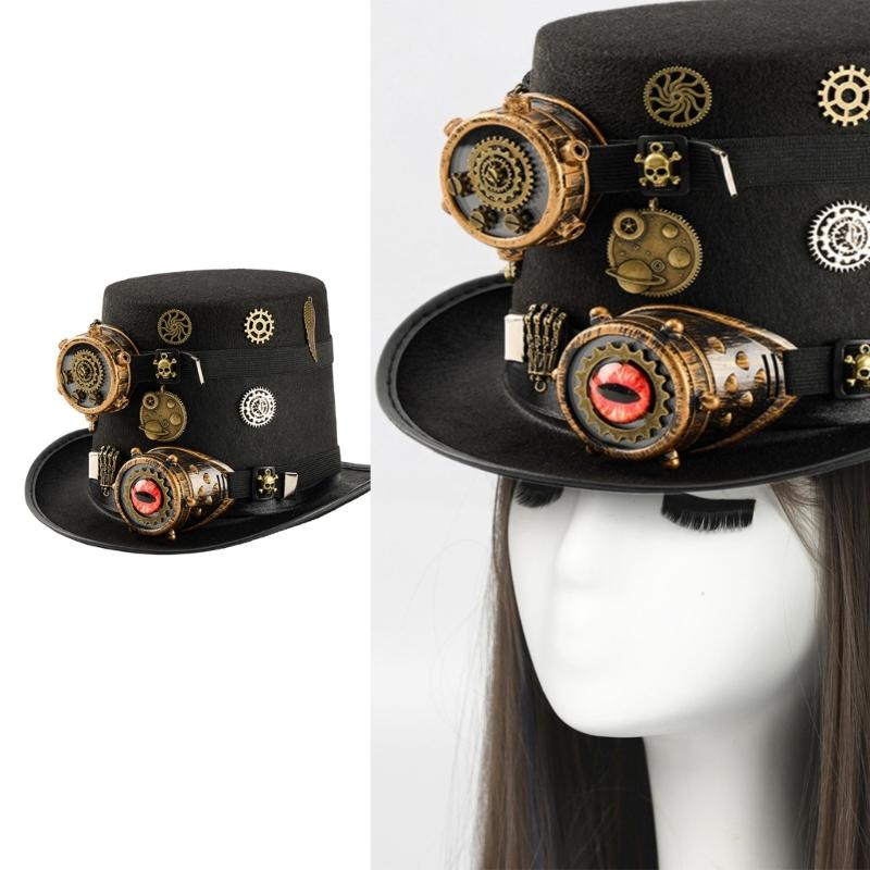 Victorian Steampunk Top Hat With Detachable Monocular Goggles Gothic Steampunk Headwear For Halloween Costume Parties