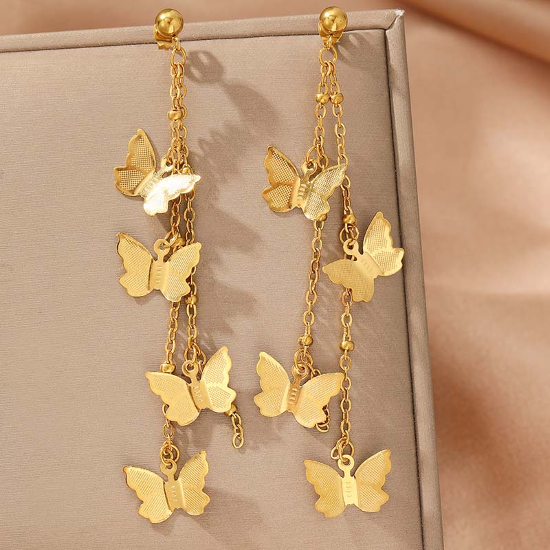 Stainless Steel Gold Color Butterfly Tassel Pendant Earrings For Women Vintage Metal Long Chain Drop Earrings Zircon Gifts