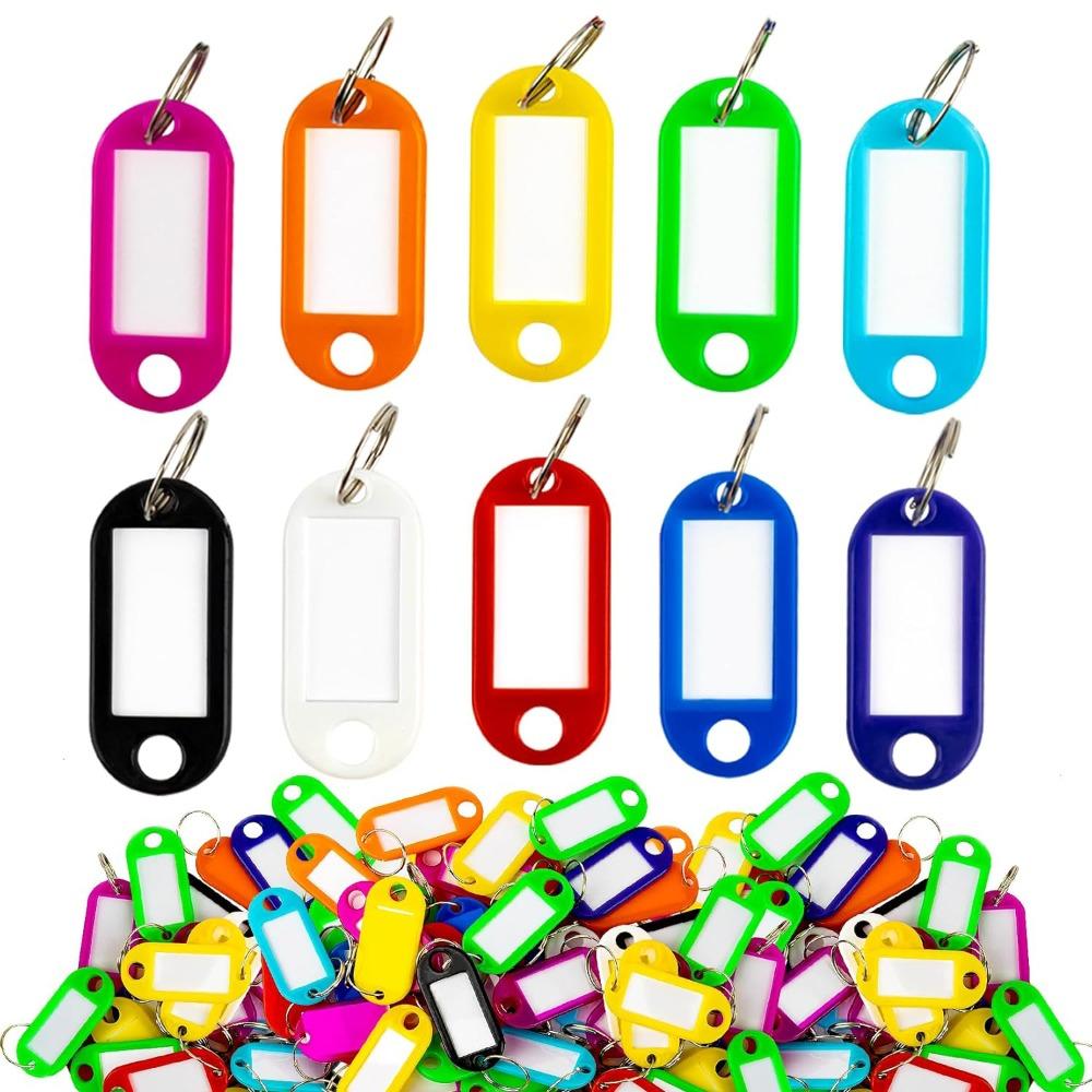 100 шт. Пластиковые бирки для ключей, этикетки для ключей с кольцом и окошком для надписи, брелок-бирки для идентификации ключей, для имени, багажа, 10 цветов, брелки-бирки 100pcs