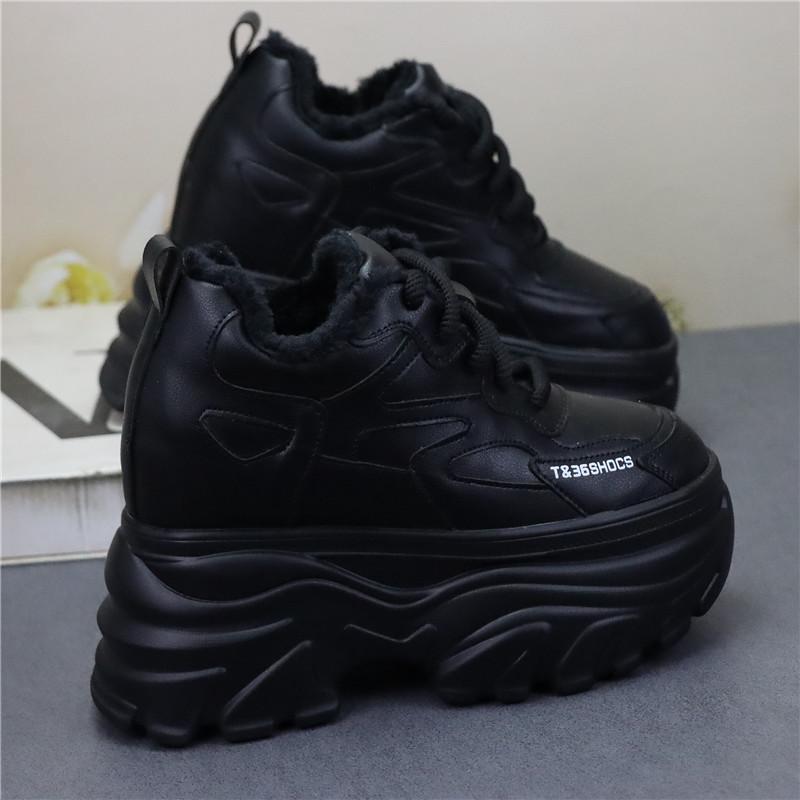 Fashion 12CM Genuine Leather Vulcanize Fashion Thick Bottom Women Chunky Sneakers Platform Wedge Causal Winter Plush Autumn Shoes