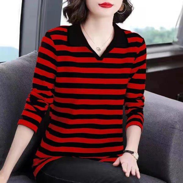 

YYFS Женская мода Повседневная весна-осень Полосатый принт Длинные рукава Поло воротник блузки и рубашки L