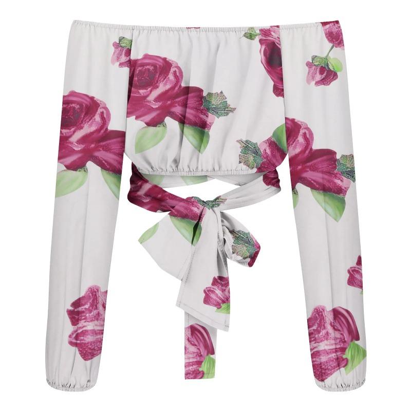 

Женская сексуальная блузка с открытыми плечами, шикарная и элегантная, с принтом, с длинным рукавом, на шнуровке, с бантом, укороченные топы, повседневные тонкие рубашки S фиолетовый