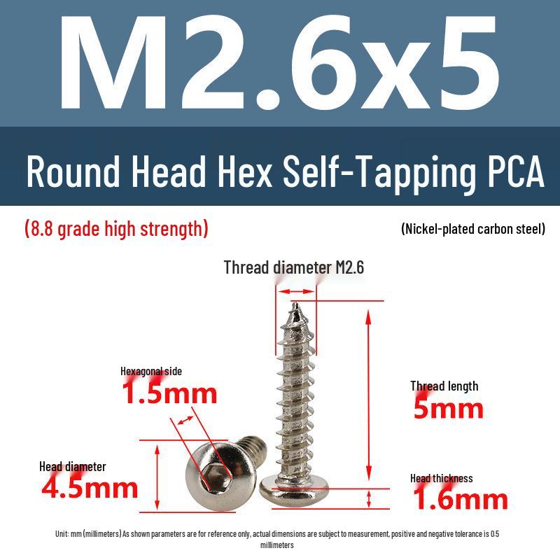 8.8 Grade Round Head Hex Socket Self-Tapping Screws M2-M4 Carbon Steel Bolts