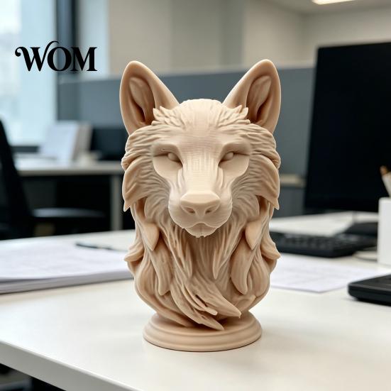 Moderne Wolfskopf-Dekoration 3D-gedruckte Figur, Realistische Statue mit runder Dekorationsbasis, Wildtier-Skulptur für Zuhause Büro Bücherregal