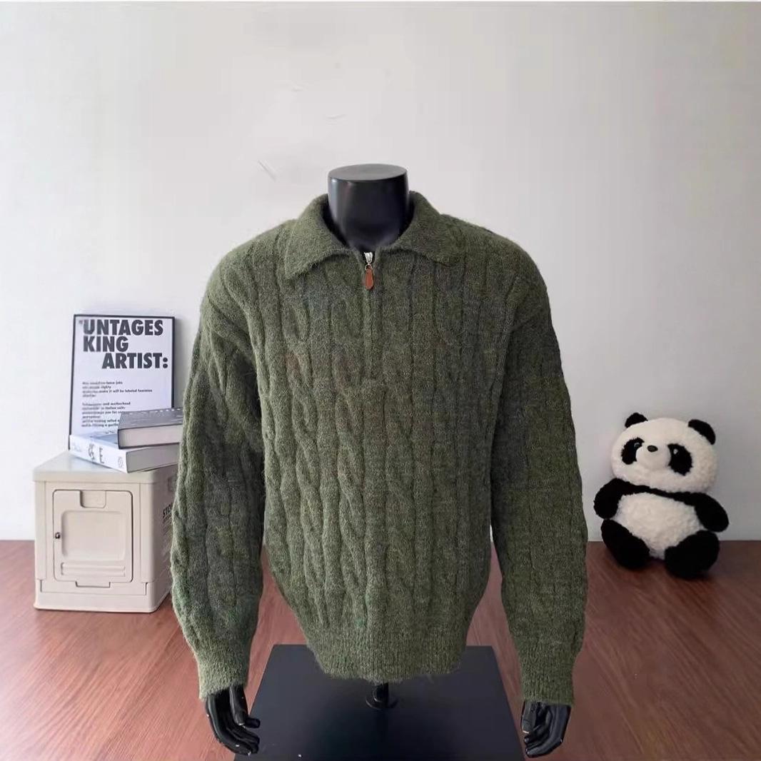 

Men s Retro Cable Knit Half-Zip Sweater - Autumn Trendy, Lazy Style, American Casual Polo 2XL зелений