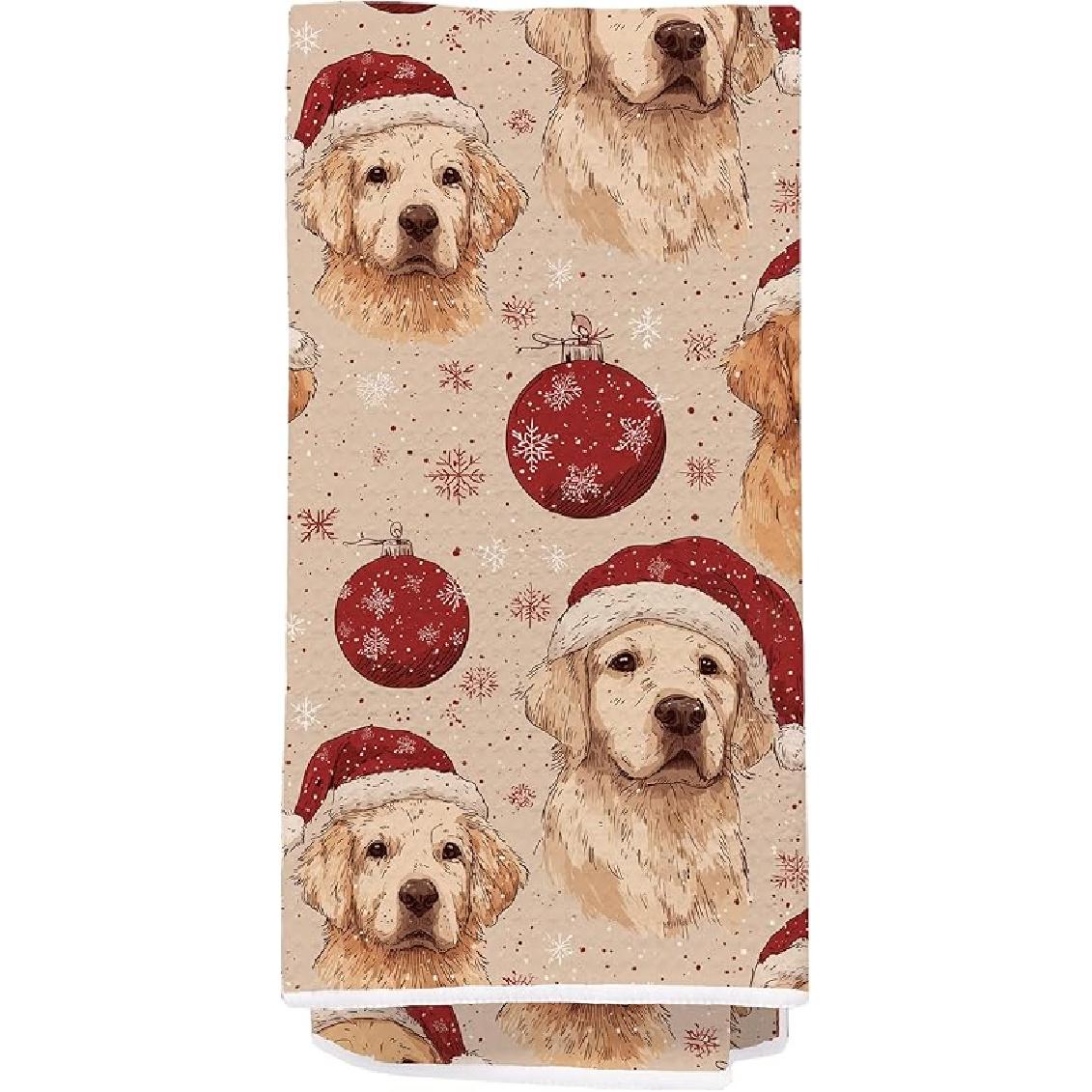 Golden Retriever Christmas Kitchen Towel - 24x16 Inches Holiday Dog Tea Towel, Cute Dog with Santa Hat Dish Towel, Waffle Weave Winter Towel for Pet White-golden Retriever