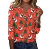Women's Fashion Casual Christmas Print V-Neck Button Three-Quarter Sleeve T-Shirt Top