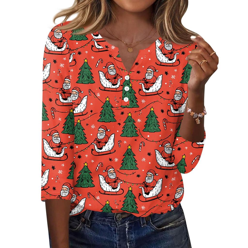 Women's Fashion Casual Christmas Print V-Neck Button Three-Quarter Sleeve T-Shirt Top