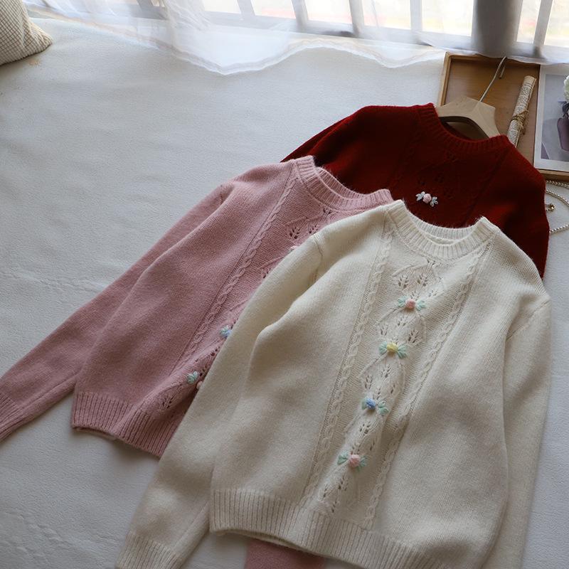 

[Bi Zheng] 2024 Winter Women s Sweet Round Neck Argyle Cable Knit Sweater One Size