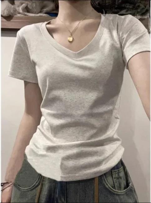 Women's V Neck Short Sleeve Tee Slim Fit Elegant Solid Cotton T-shirt Ruched Waist Summer Casual Slimming Layering Top