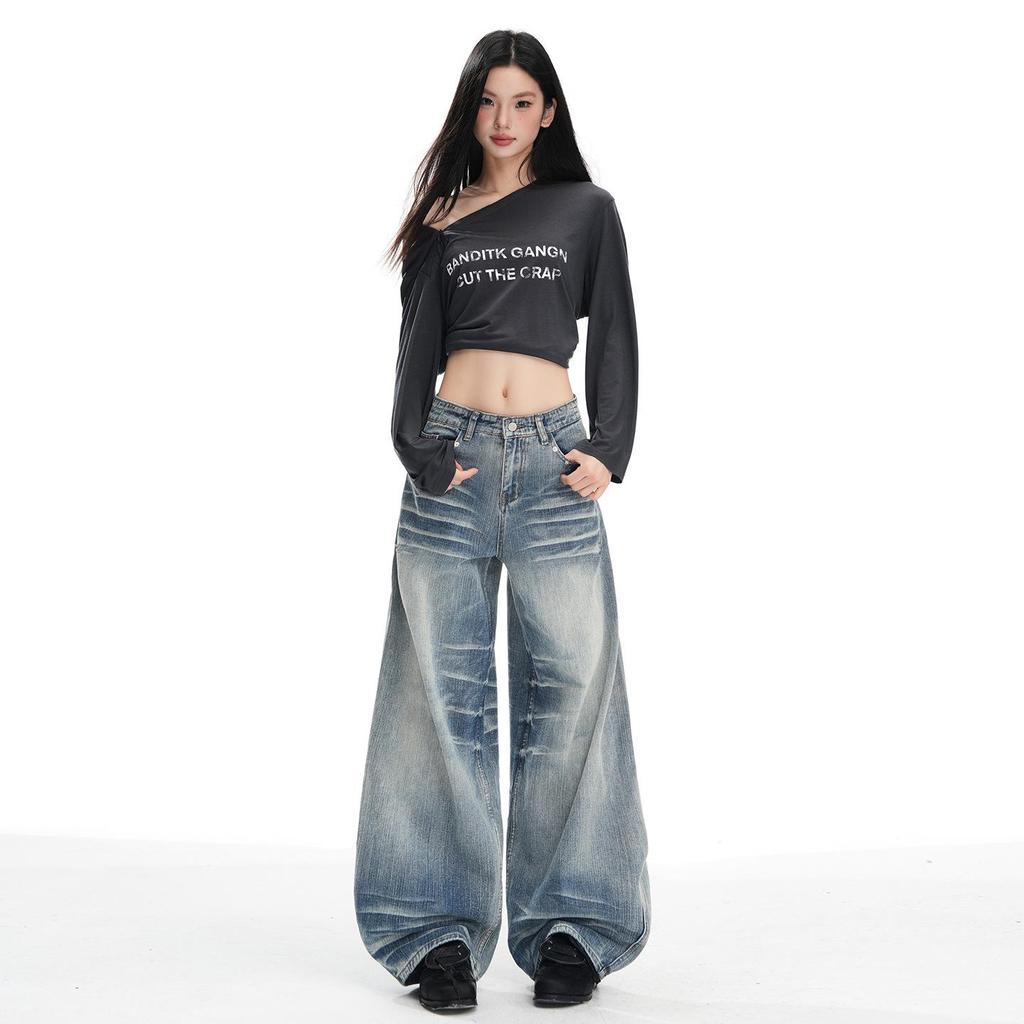 Women's Retro Blue Wide-Leg Jeans: Low-Rise, Loose, Straight, Floor-Length, Slimming Design for Autumn 2025